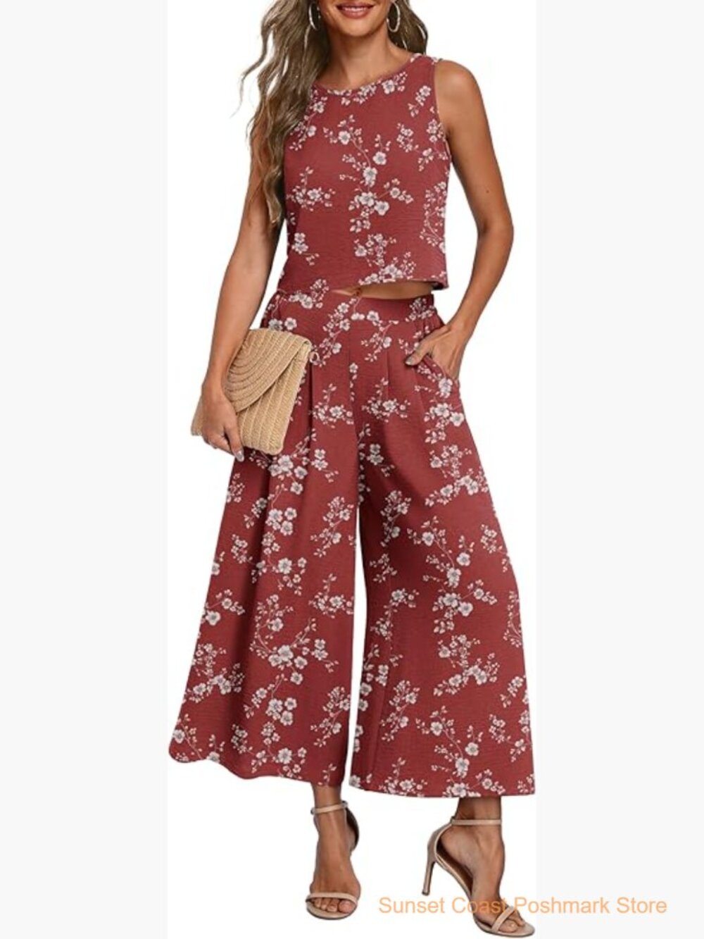 Sleeveless Crop Top Wide Leg Pants Matching Set Casual Two Piece